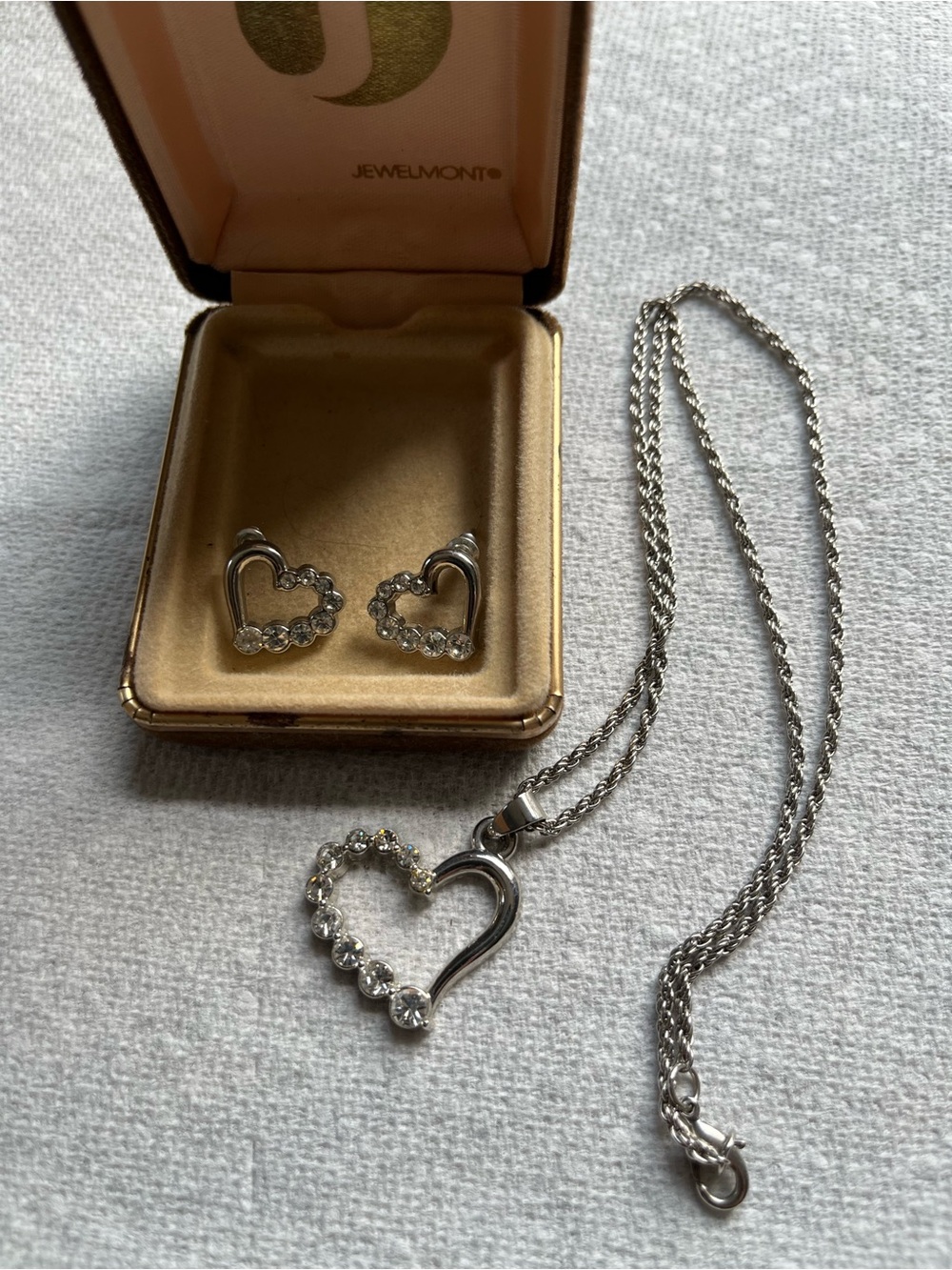 Women’s Silver Heart Necklace and Stud Earrings Set - Clear Crystal Accents